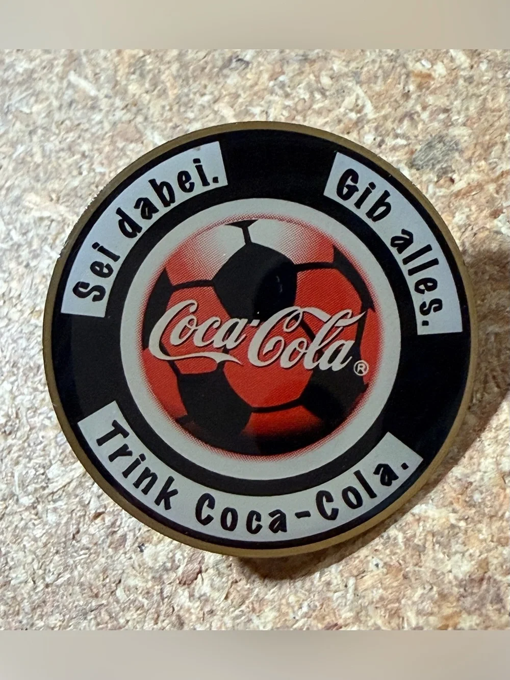 Vintage Coca-Cola Germany Soccer Lapel Pin Sei Dabei Gib Alles Promo Badge